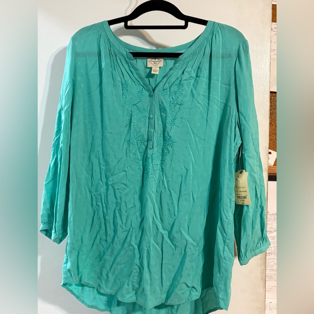 NWT St. John's Bay Blue Green 3/4 Sleeve Blouse